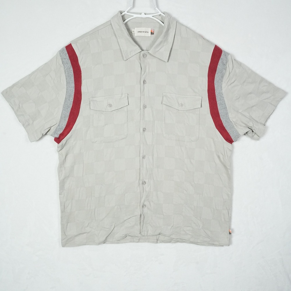 Honor The Gift Mens XXL Grey Textured Checkered Racing Stripe Button‎ Down Shirt